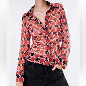 Zara sheer retro print smocked blouse